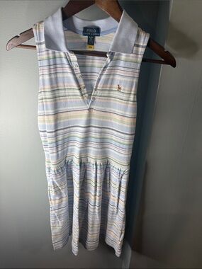 Polo by Ralph Lauren Girls Striped Polo Dress in Light Blue, White, Green